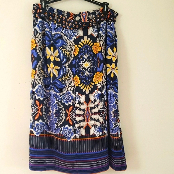 LOFT Womens Floral Blue Yellow Gray Black Pleated Silky Midi Skirt, Size 10 - Picture 3 of 16